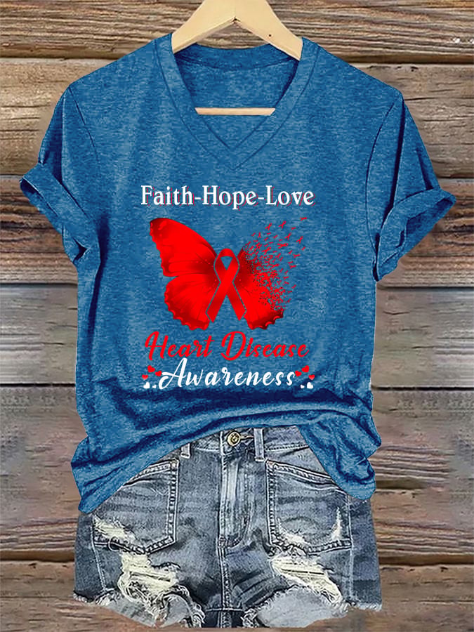 Women's Casual Heart Disease Awareness Printed Short-Sleeve T-Shirt