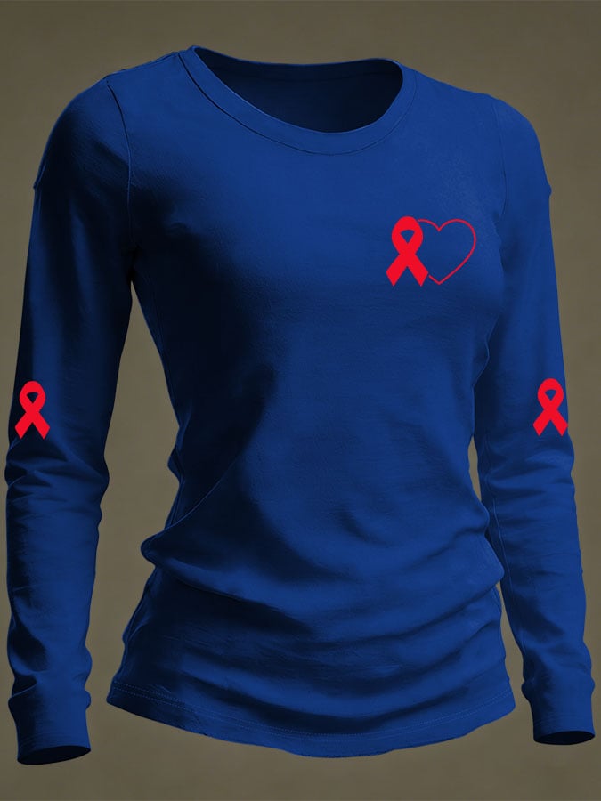 Women's Casual Heart Disease Awareness Print Long-Sleeve T-Shirt