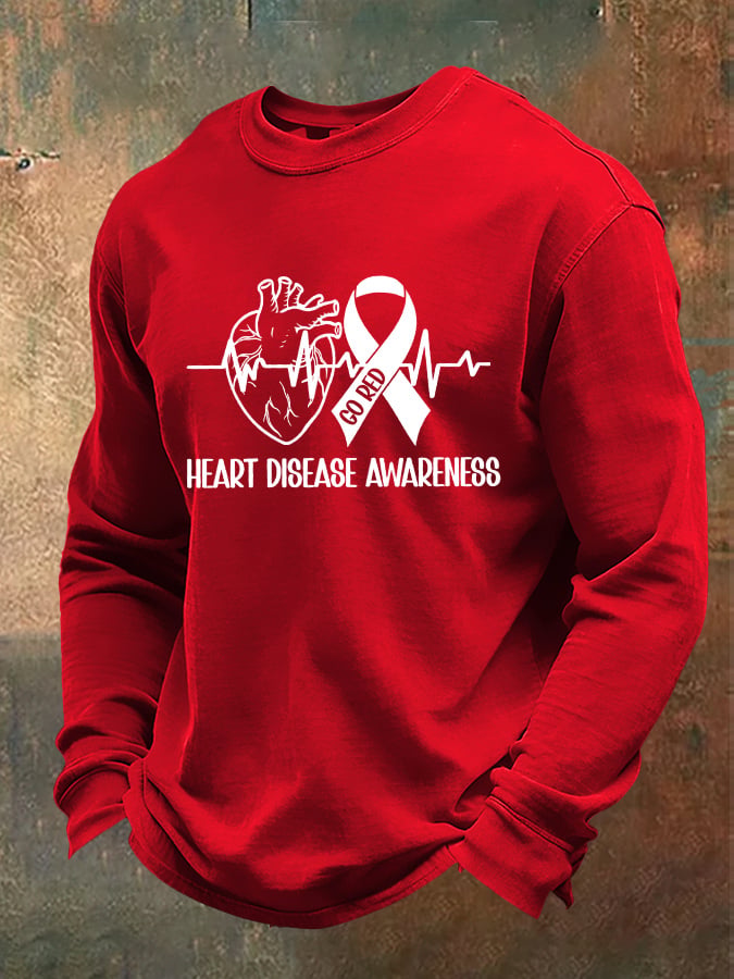 Men's casual long-sleeved T-shirt with heart disease awareness design
