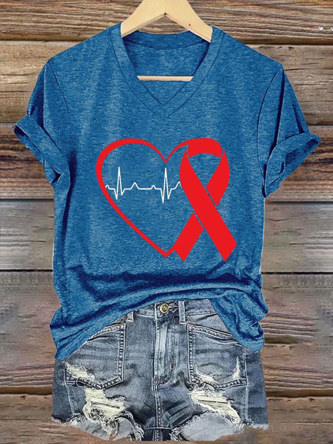 Women's Casual Heart Disease Awareness Printed Short-Sleeve T-Shirt