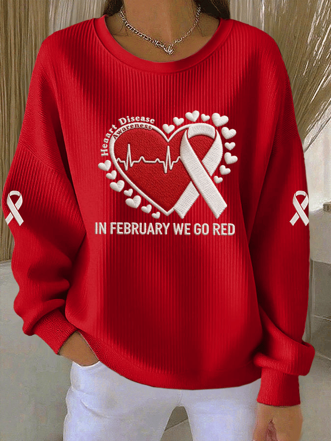 Women's Casual Heart Disease Awareness Print Long Sleeve Knit Top