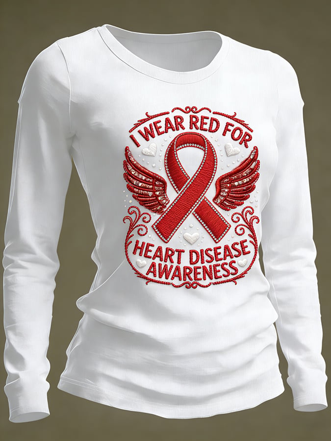 Women's Casual Heart Disease Awareness Print Long-Sleeve T-Shirt