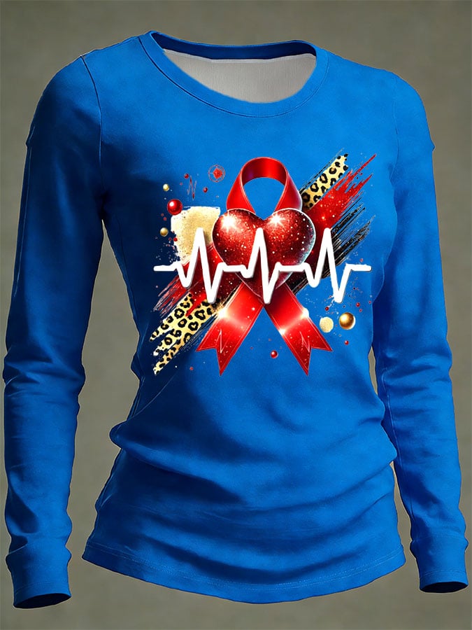 Women's Casual Heart Disease Awareness Print Long-Sleeve T-Shirt