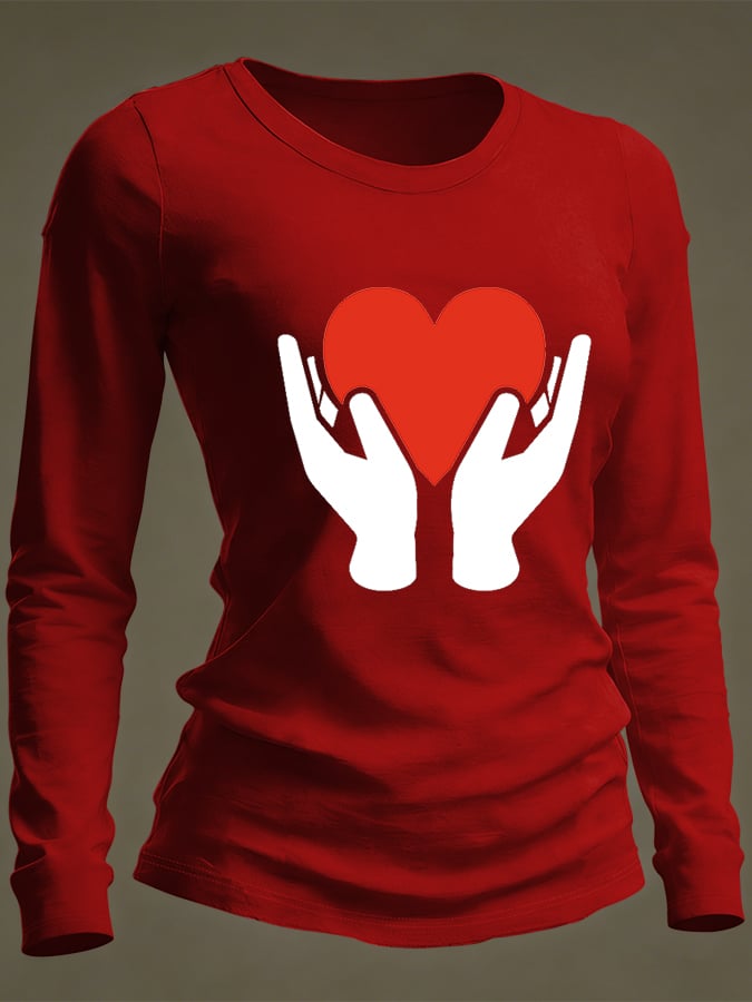 Women's Casual Heart Disease Awareness Print Long-Sleeve T-Shirt