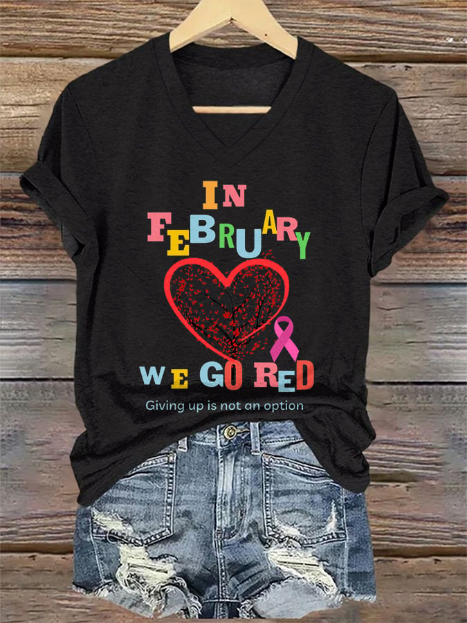 Women's Casual Heart Disease Awareness Printed Short-Sleeve T-Shirt