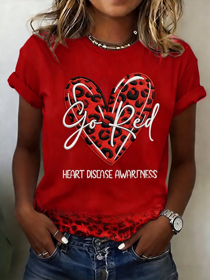 Women's casual red T-shirt with abstract floral art design