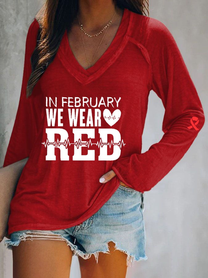 Women's Casual Heart Disease Awareness Printed Long Sleeve Top