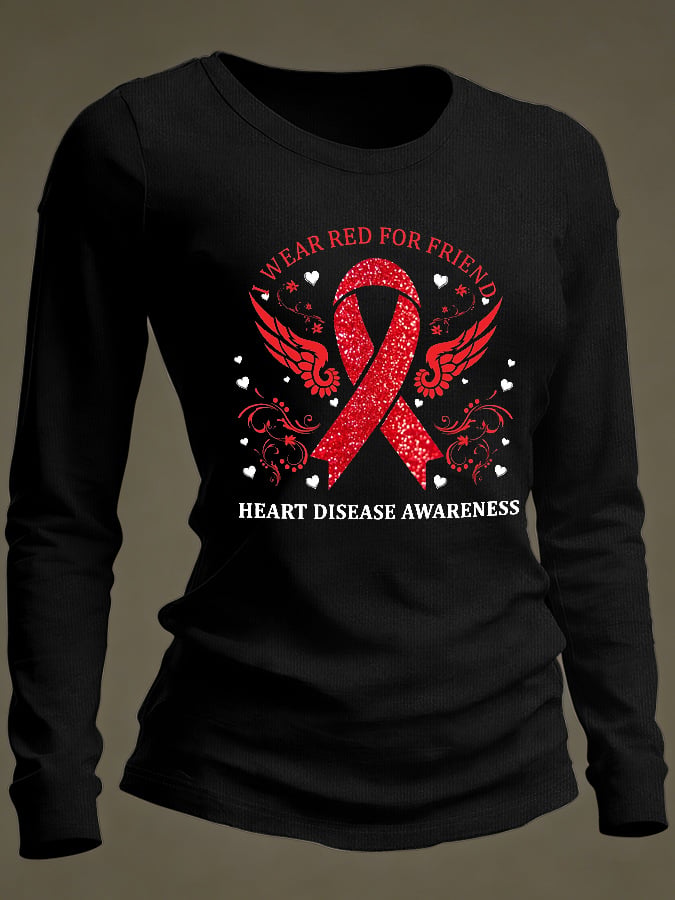 Women's Casual Heart Disease Awareness Print Long-Sleeve T-Shirt