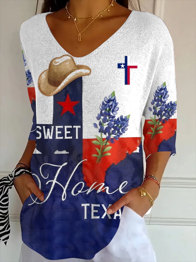 Women's casual retro God Bless Texas print striped T-shirt