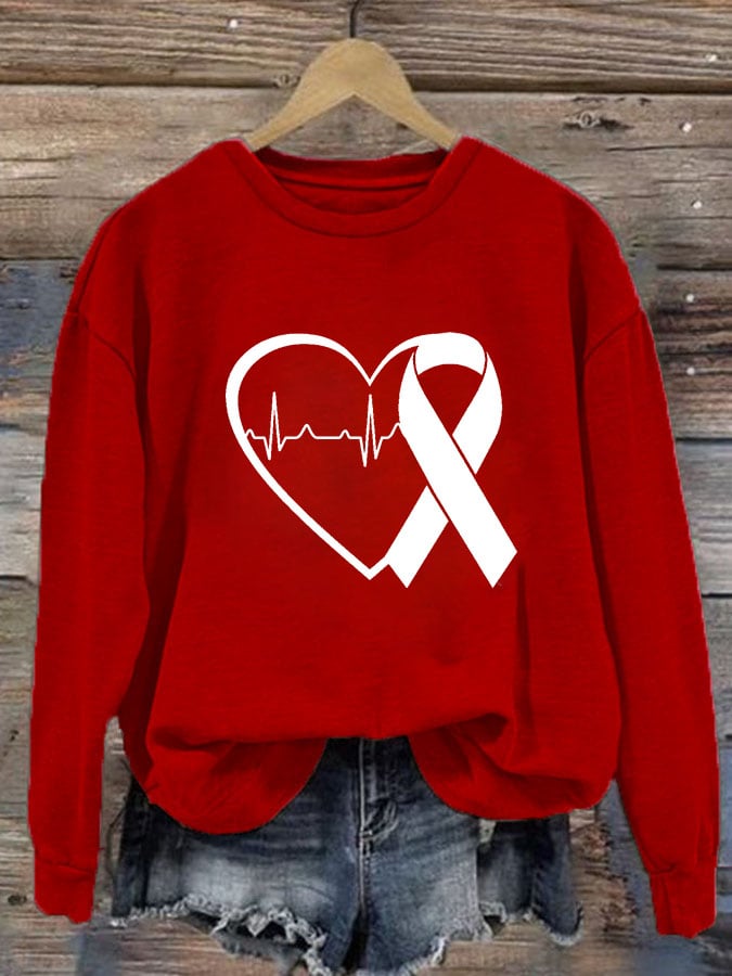 Women's Casual Heart Disease Awareness In February Wear Red Printed Long-Sleeve Sweatshirt