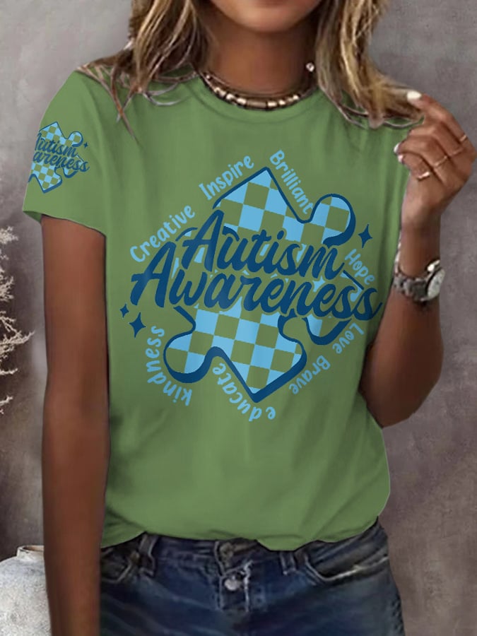 Retro Autism Awareness Creative Inspire Brilliant Hope Love Brave Educate Kindness Print T-Shirt