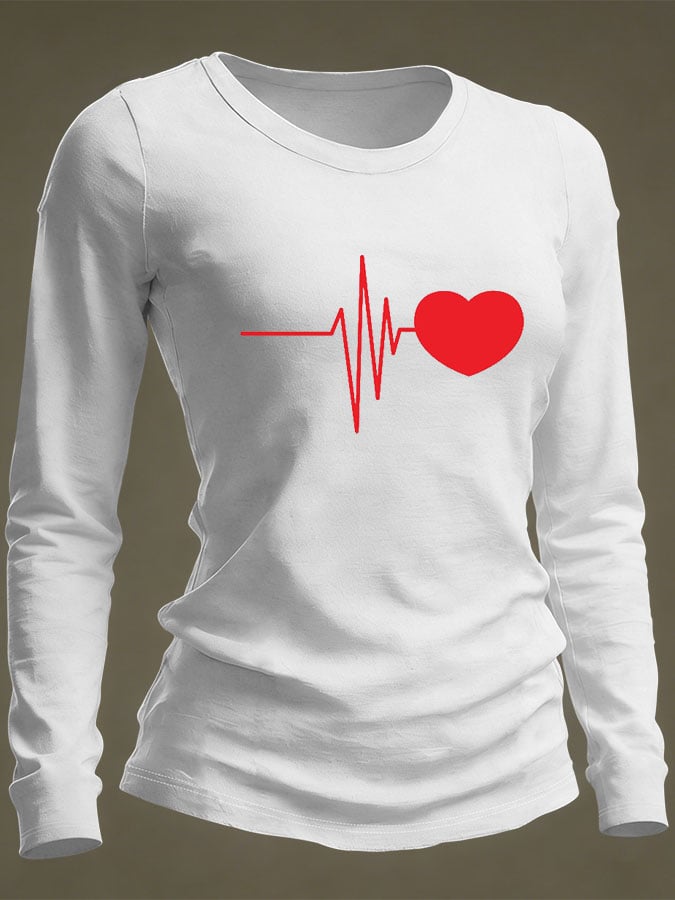 Women's Casual Heart Disease Awareness Print Long-Sleeve T-Shirt