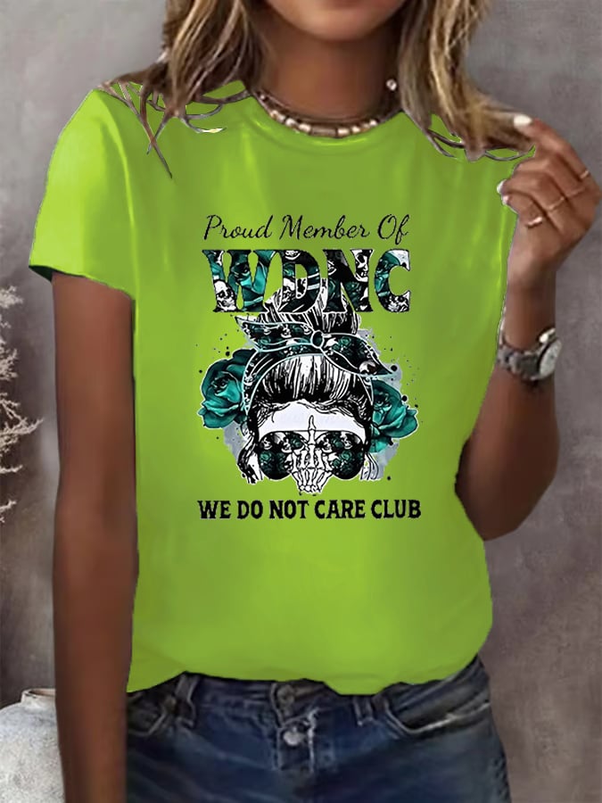 Women's Round-Neck Retro Funny Proud Member Of WDNC Club We Do Not Care Menopause Perimenopause Print T-Shirt