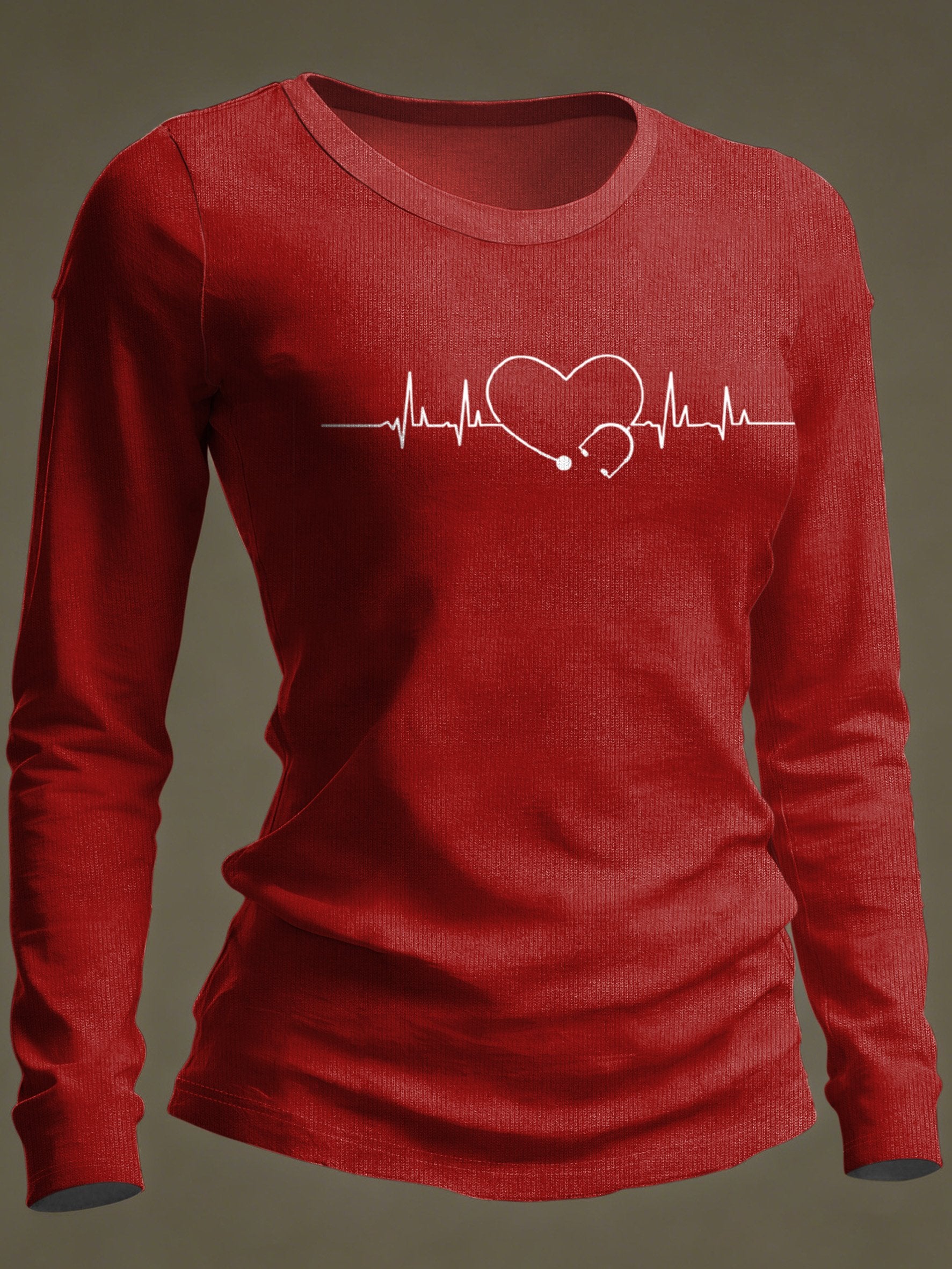 Women's Casual Heart Disease Awareness Print Long-Sleeve T-Shirt
