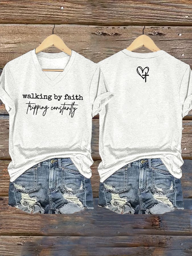 Women's Walking By Faith Tripping Constantly Print T-Shirt