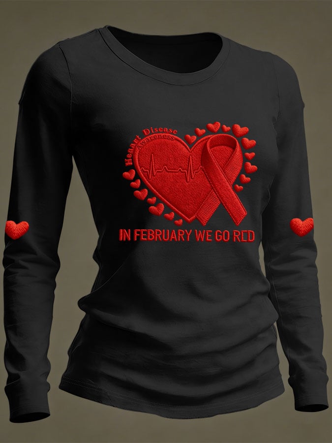 Women's Casual Heart Disease Awareness Print Long-Sleeve T-Shirt