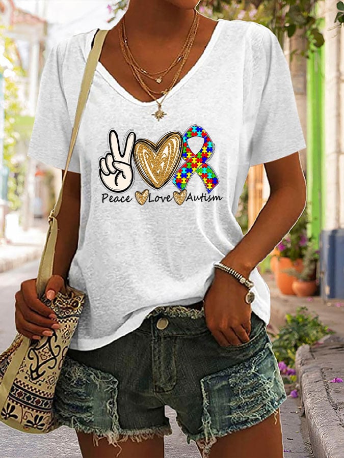 Women's Peace love Autism V Neck Short Sleeve T-Shirt