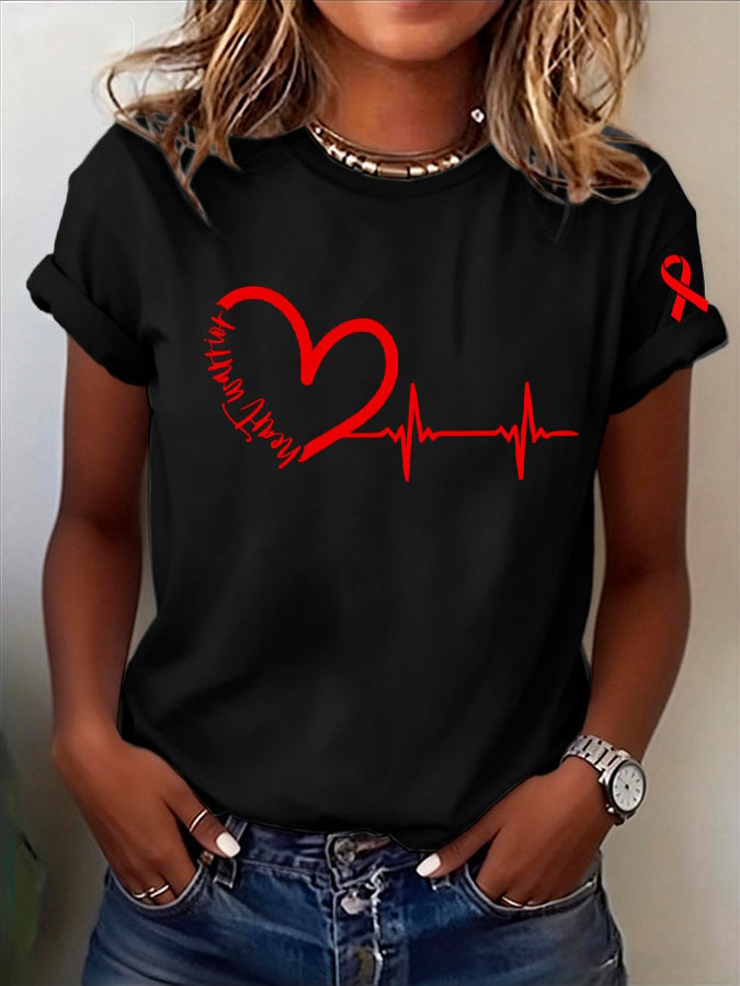 Women's Heart Disease Awareness Printed T-shirt
