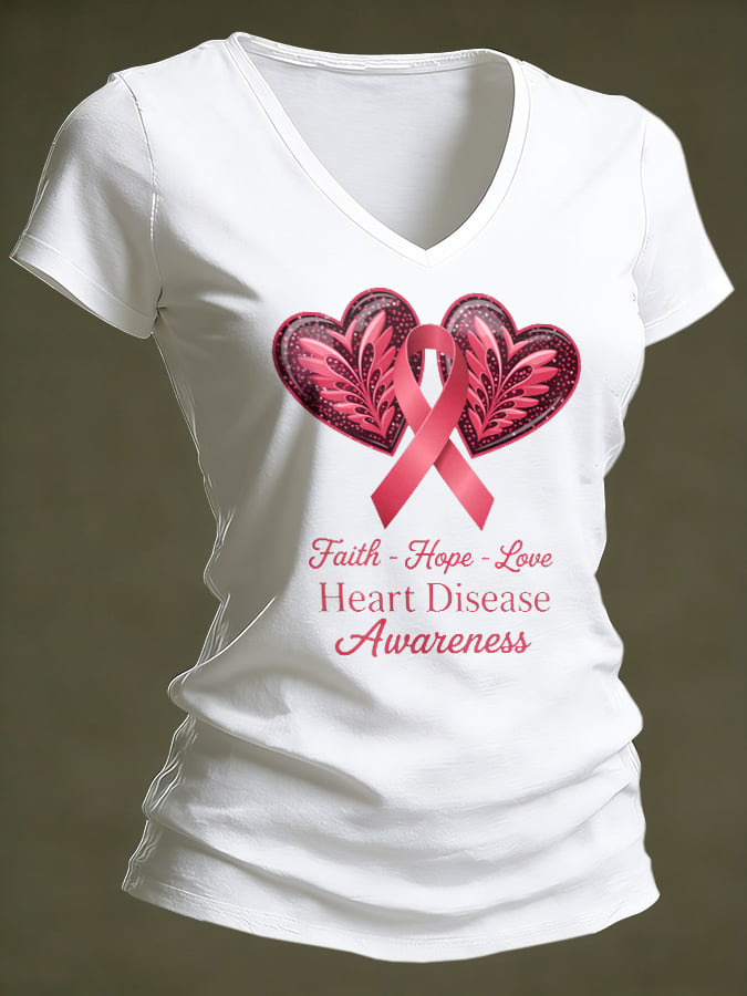 Women's Casual Heart Disease Awareness Printed Short-Sleeve T-Shirt