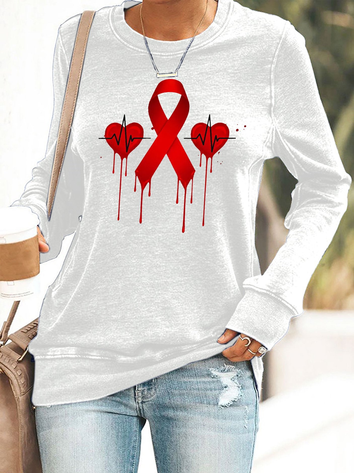 Women's Casual Heart Disease Awareness Printed Sweatshirt