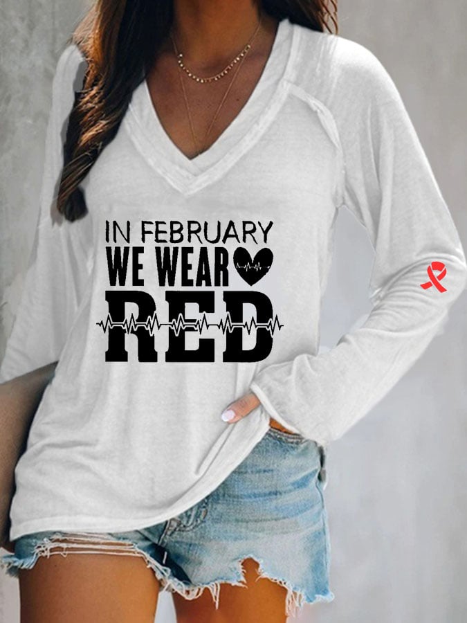 Women's Casual Heart Disease Awareness Printed Long Sleeve Top