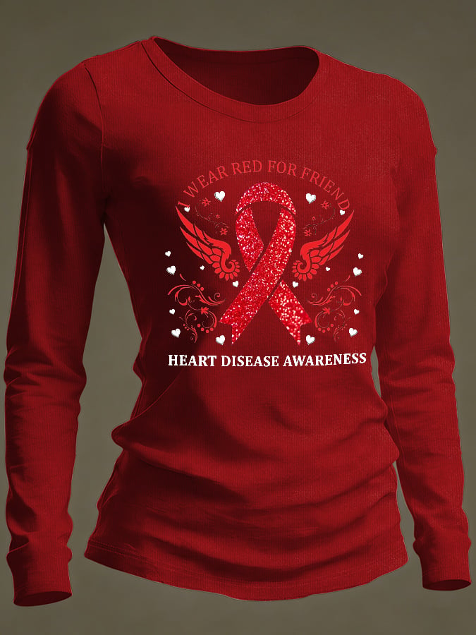 Women's Casual Heart Disease Awareness Print Long-Sleeve T-Shirt