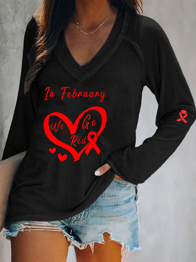 Women's Casual Heart Disease Awareness Printed Long Sleeve Top