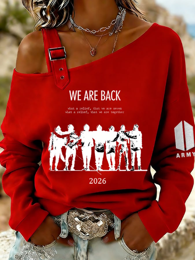Women's Retro Leisure Print Off-The-Shoulder Sweatshirt