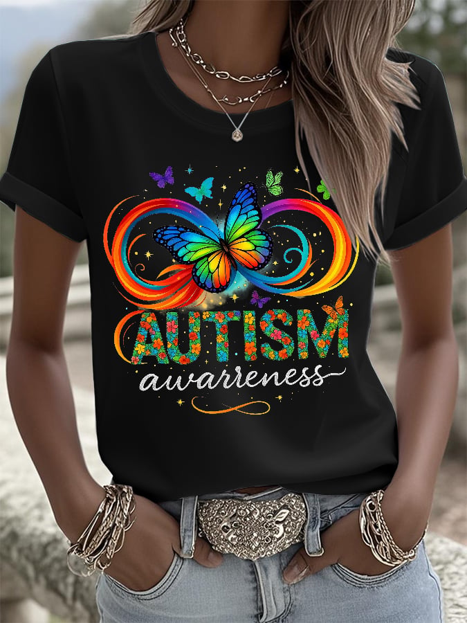 Retro Autism Awareness Butterfly Infinity Print T-Shirt