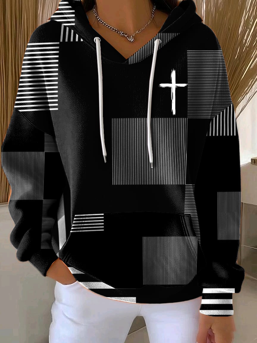 Women's Casual Autumn Faith Contrast Color Square Striped Cardigan Hoodie