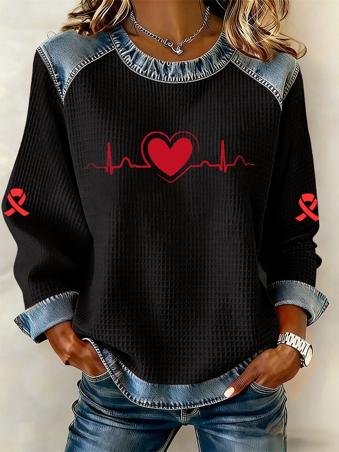 Women's Retro Heart Disease Awareness Print Long-Sleeve Sweatshirt