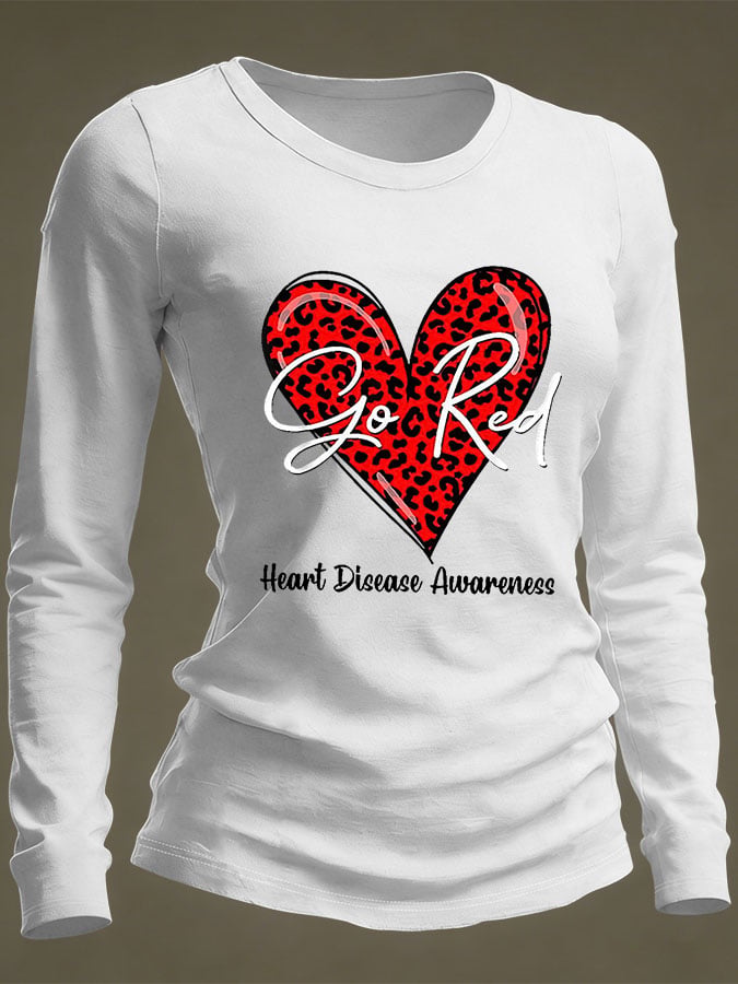 Women's Casual Heart Disease Awareness Print Long-Sleeve T-Shirt