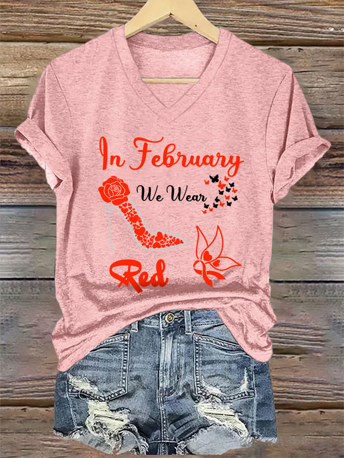 Women's Casual Heart Disease Awareness Printed Short-Sleeve T-Shirt