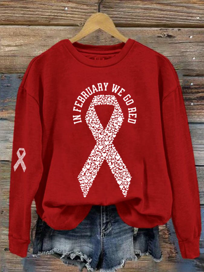 Women's Casual Heart Disease Awareness Printed Long-Sleeve Sweatshirt