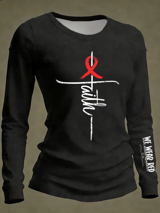 Women's Casual Heart Disease Awareness IN FEBRUARY We Wear Red Print Long-Sleeve T-Shirt