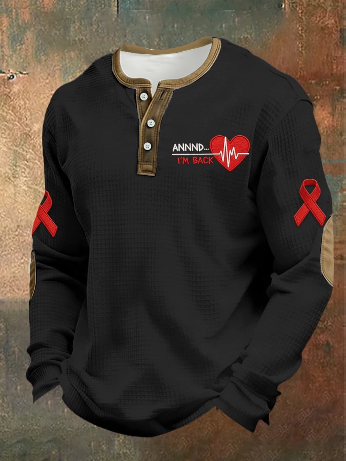 Men's casual t-shirt with a heart disease awareness design and the text "AND... I'M BACK"