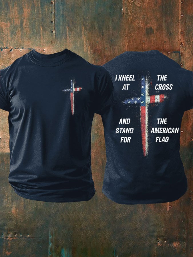 Men's Stand For The Flag Kneel For The Cross Printed Casual T-Shirt