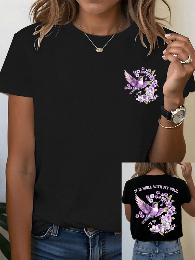 Women's It is Well With My Soul Floral Hummingbird Print T-Shirt