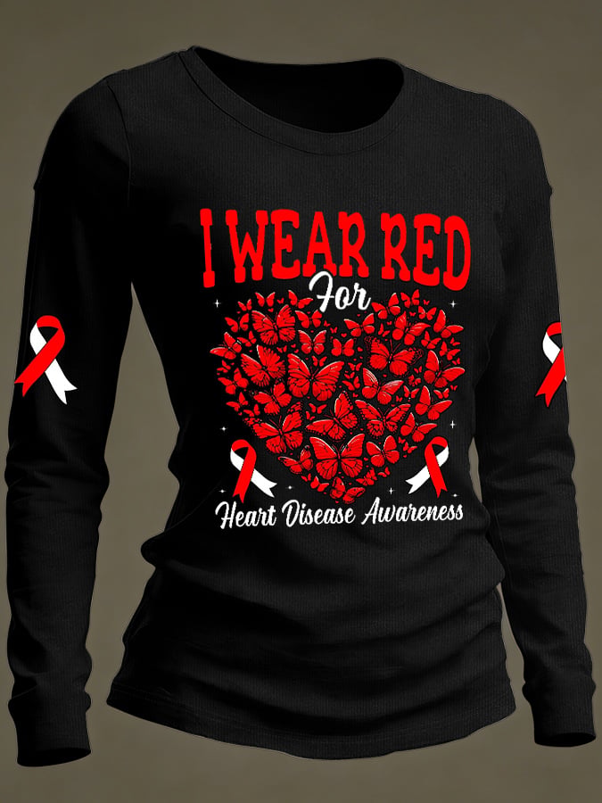 Women's Casual Heart Disease Awareness Print Long-Sleeve T-Shirt