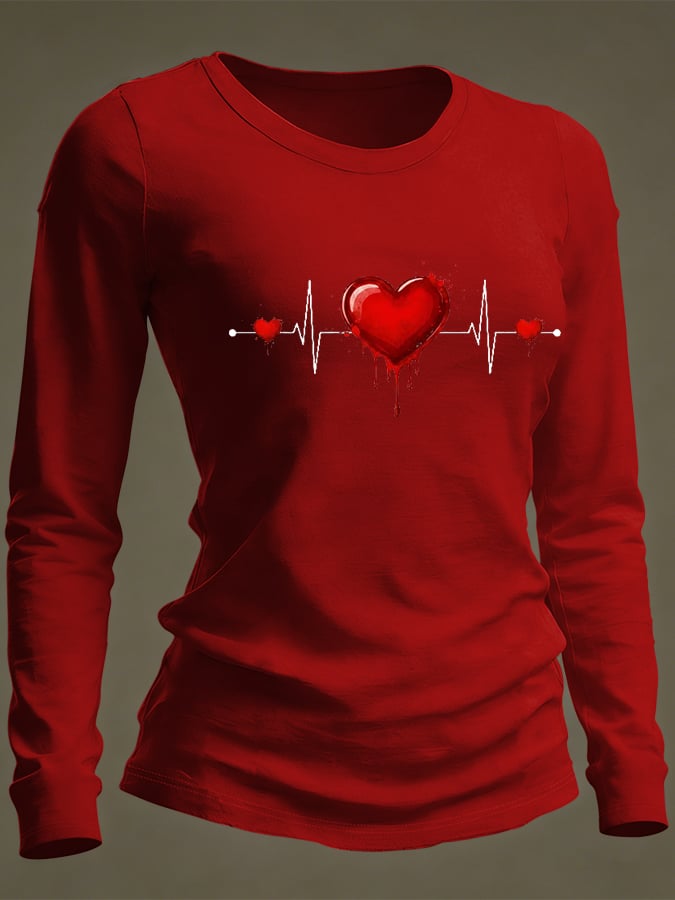 Women's Casual Heart Disease Awareness Print Long-Sleeve T-Shirt