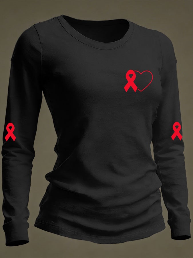 Women's Casual Heart Disease Awareness Print Long-Sleeve T-Shirt