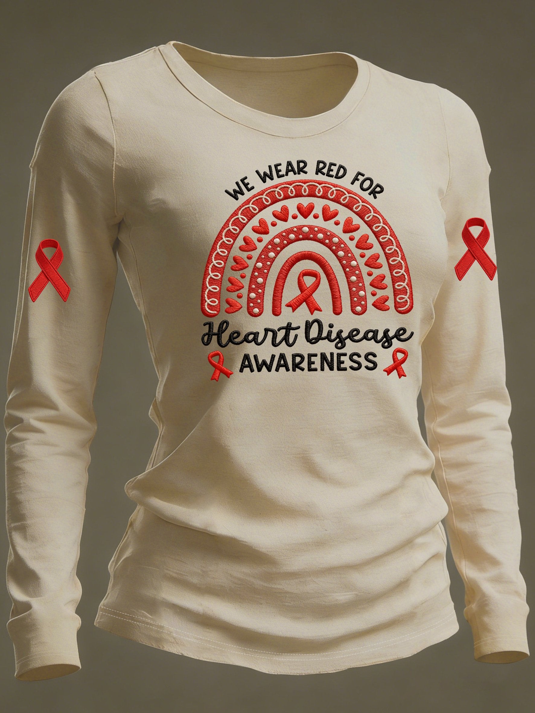 Women's Casual Heart Disease Awareness Print Long-Sleeve T-Shirt