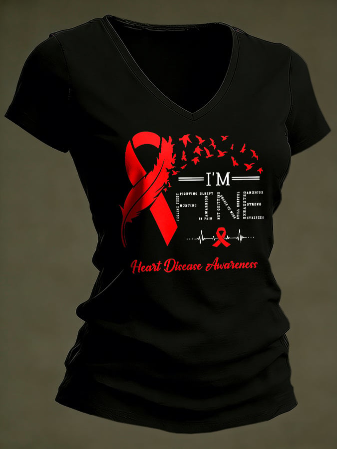 Women's Casual Heart Disease Awareness Printed Short-Sleeve T-Shirt