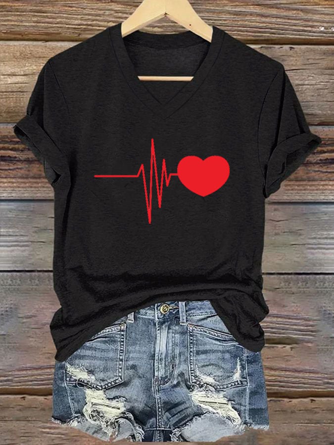 Women's Casual Heart Disease Awareness Printed Short-Sleeve T-Shirt
