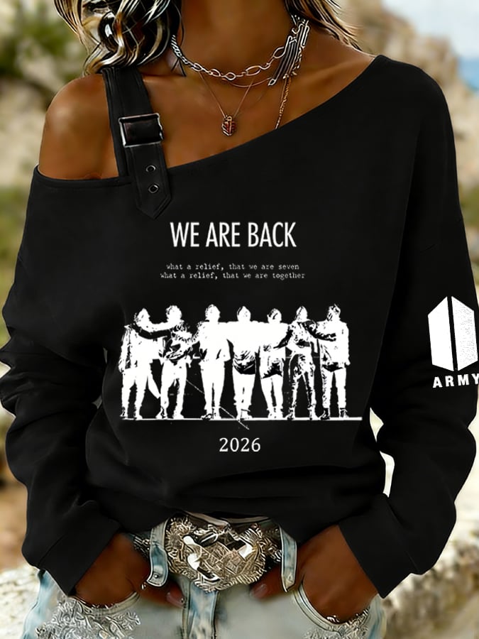 Women's Retro Leisure Print Off-The-Shoulder Sweatshirt