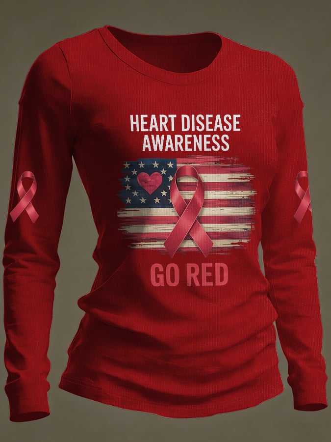 Women's Casual Heart Disease Awareness Print Long-Sleeve T-Shirt