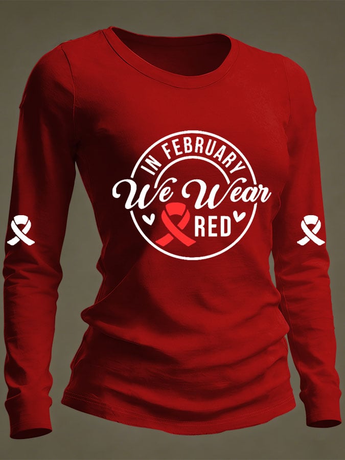 Women's Casual Heart Disease Awareness Print Long-Sleeve T-Shirt