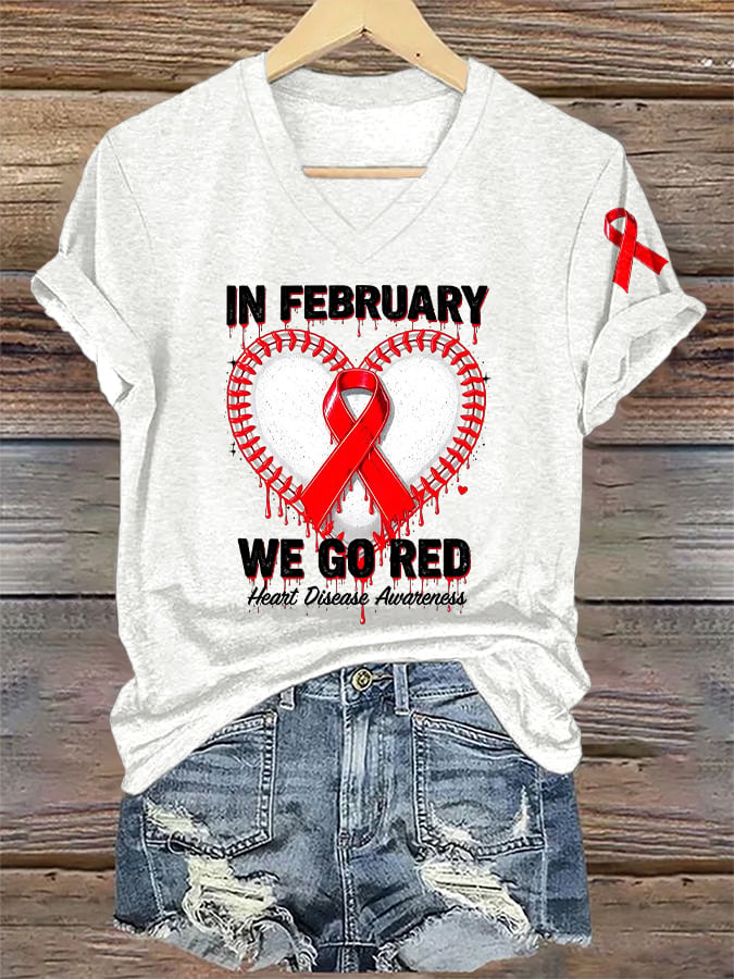 Women's Casual Heart Disease Awareness Printed Short-Sleeve T-Shirt