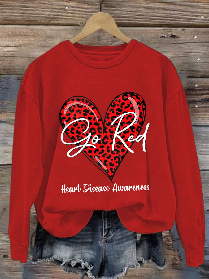 Women's Casual Heart Disease Awareness In February Wear Red Printed Long-Sleeve Sweatshirt