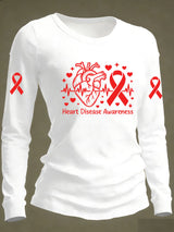 Women's Casual Heart Disease Awareness Print Long-Sleeve T-Shirt